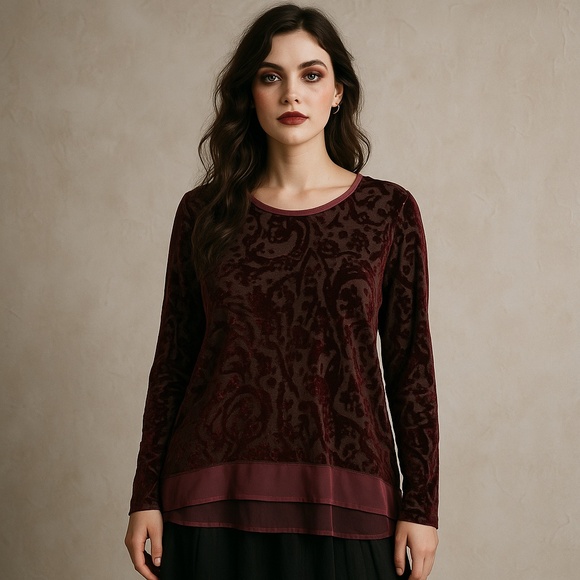 Vera Wang Tops - SIMPLY VERA WANG Burgundy Velvet Burnout Mesh Hem Top Whimsigoth Fairy Grunge XL
